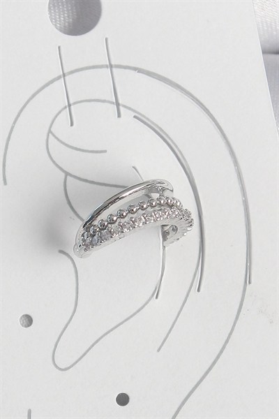 Mey İthalat® Pirinç Gümüş Renk Zirkon Taşlı 3Lü Sıralı Kadın Kıkırdak Küpe