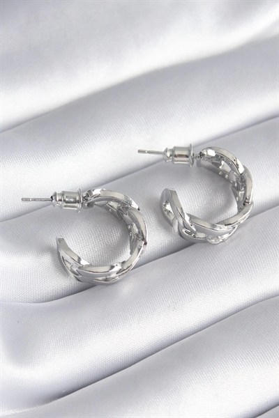 Mey İthalat® Pirinç Gümüş Renk Zirkon Taşlı Zincir Model Kadın Küpe