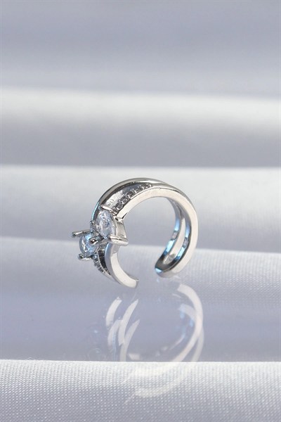 Mey İthalat® Pirinç Gümüş Renk Zirkon Taşlı Damla Earcuff Küpe