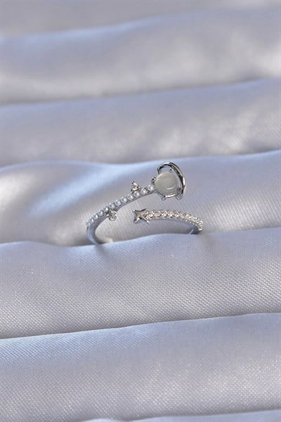 Mey İthalat® Pirinç Gümüş Renk Zirkon Taşlı İncili Satürn Model Ayarlanabilir Yüzük