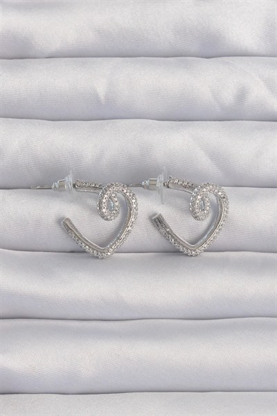 Mey İthalat® Pirinç Gümüş Renk Zirkon Taşlı Kıvrımlı Yarım Kalp Küpe