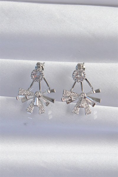 Mey İthalat® Pirinç Gümüş Renk Zirkon Taşlı Yassı Fiyonk Model Küpe