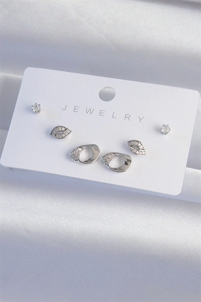 Mey İthalat® Pirinç Gümüş Renk Zirkon Taşlı Yaprak Model Küpe Seti