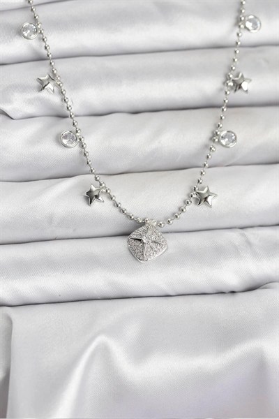 Mey İthalat® Pirinç Gümüş Renk Zirkon Taşlı Kutup Yıldızı Model Kadın Kolye