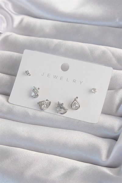 Mey İthalat® Pirinç Gümüş Renk Zirkon Taşlı Damla Model Küpe Seti