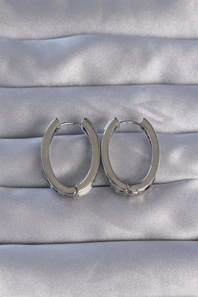 Mey İthalat® Pirinç Gümüş Renk Zirkon Taşlı Oval Model Küpe