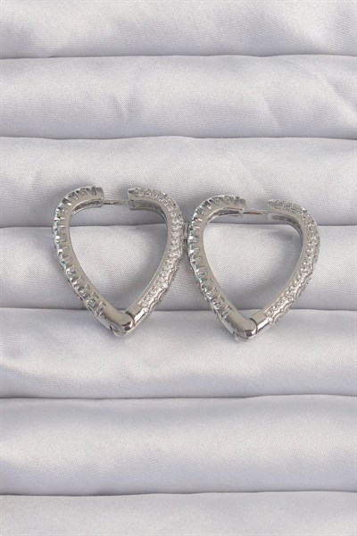 Mey İthalat® Pirinç Gümüş Renk Zirkon Taşlı Motifli Kalp Küpe