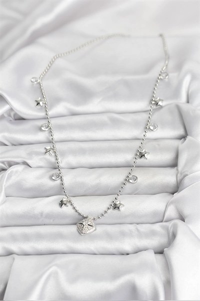 Mey İthalat® Pirinç Gümüş Renk Zirkon Taşlı Kutup Yıldızı Model Kadın Kolye