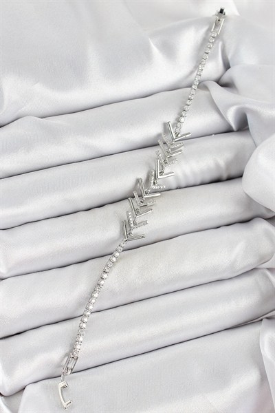 Mey İthalat® Pirinç Gümüş Renk Zirkon Taşlı Balık Sırtı Kadın Bileklik