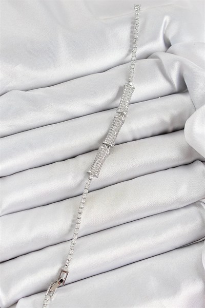 Mey İthalat® Pirinç Gümüş Renk Zirkon Taşlı Kemik Model Kadın Bileklik