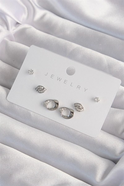 Mey İthalat® Pirinç Gümüş Renk Zirkon Taşlı Yaprak Model Küpe Seti