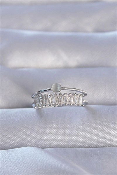 Mey İthalat® Pirinç Gümüş Renk Zirkon Taşlı Baget Su Yolu Model Ayarlanabilir Yüzük