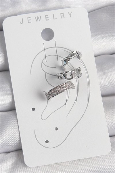 Mey İthalat® Pirinç Gümüş Renk Zirkon Taşlı 3Lü Zincir Sarmal Model Kadın Kıkırdak Küpe