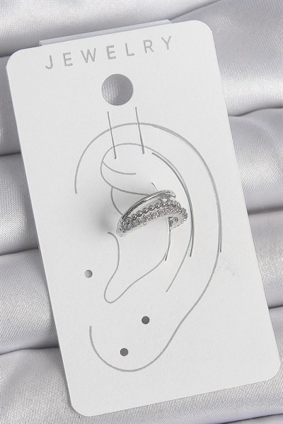 Mey İthalat® Pirinç Gümüş Renk Zirkon Taşlı 3Lü Sıralı Kadın Kıkırdak Küpe