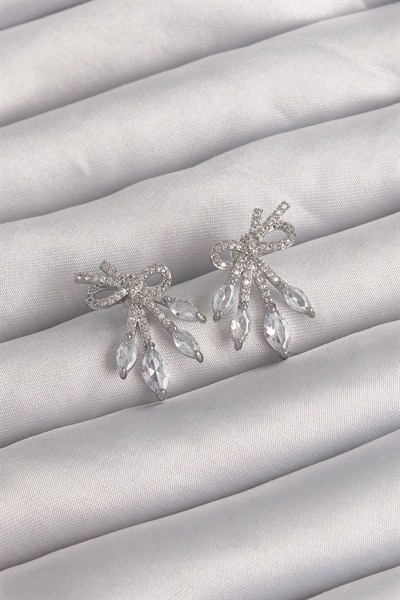 Mey İthalat® Pirinç Gümüş Renk Zirkon Taşlı Fiyonk Küpe