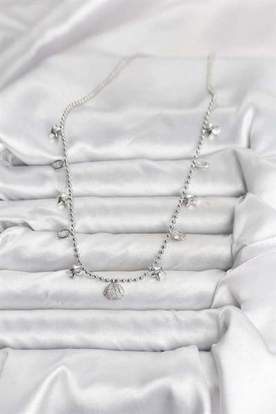 Mey İthalat® Pirinç Gümüş Renk Zirkon Taşlı Deniz Kabuğu Model Kadın Kolye