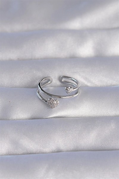 Mey İthalat® Pirinç Gümüş Renk Zirkon Taşlı Kalpli Model Ayarlanabilir Yüzük