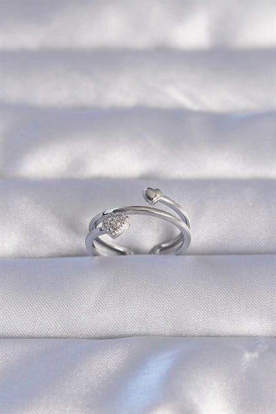 Mey İthalat® Pirinç Gümüş Renk Zirkon Taşlı Kalpli Model Ayarlanabilir Yüzük