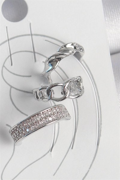 Mey İthalat® Pirinç Gümüş Renk Zirkon Taşlı 3Lü Zincir Sarmal Model Kadın Kıkırdak Küpe