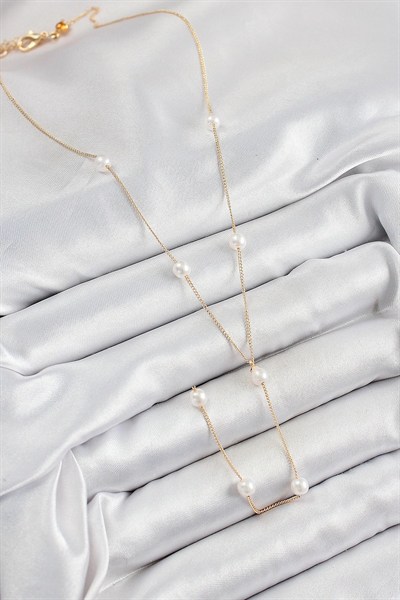 Mey İthalat® Pirinç İnci Figürlü Y Model Gold Renk Kadın Kolye