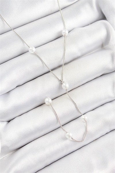 Mey İthalat® Pirinç İnci Figürlü Y Model Gümüş Renk Kadın Kolye