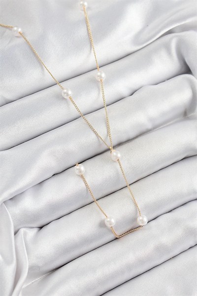 Mey İthalat® Pirinç İnci Figürlü Y Model Gold Renk Kadın Kolye