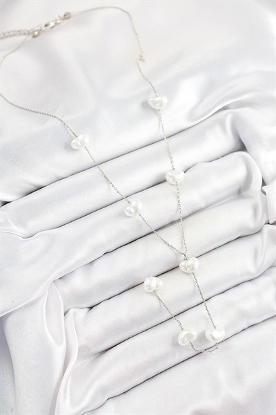 Mey İthalat® Pirinç İncili Kalp Figürlü Y Model Gümüş Renk Kadın Kolye