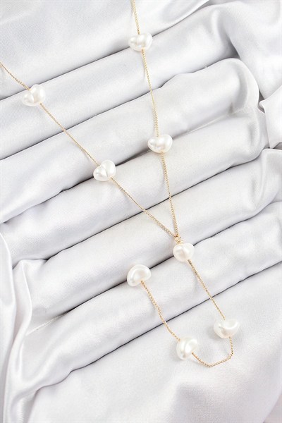 Mey İthalat® Pirinç İncili Kalp Figürlü Y Model Gold Renk Kadın Kolye