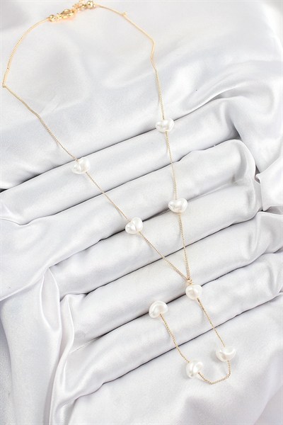 Mey İthalat® Pirinç İncili Kalp Figürlü Y Model Gold Renk Kadın Kolye