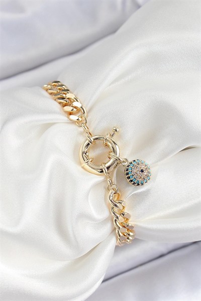 Mey İthalat® Pirinç Nazar Model Zirkon Taşlı Gold Renk VİP Seri Kadın Bileklik