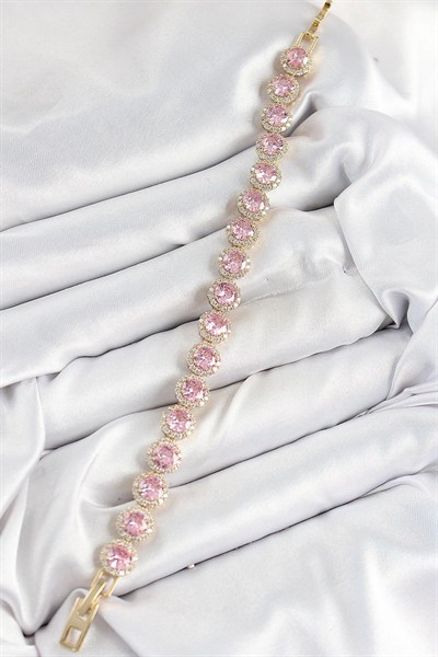 Mey İthalat® Pirinç Pembe Zirkon Taşlı Daire Baget Model Gold Renk VIP Seri Kadın Bileklik