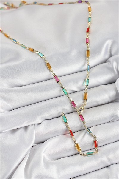 Mey İthalat® Pirinç Renkli Zirkon Taşlı Dikdörtgen Model Gold Renk Kadın Y Kolye