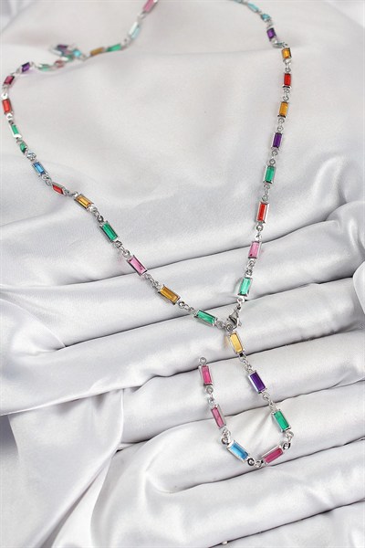 Mey İthalat® Pirinç Renkli Zirkon Taşlı Dikdörtgen Model Gümüş Renk Kadın Y Kolye
