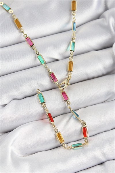 Mey İthalat® Pirinç Renkli Zirkon Taşlı Dikdörtgen Model Gold Renk Kadın Y Kolye