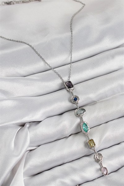 Mey İthalat® Pirinç Renkli Zirkon Taşlı Model Gümüş Renk 7 Element Kadın Y Kolye