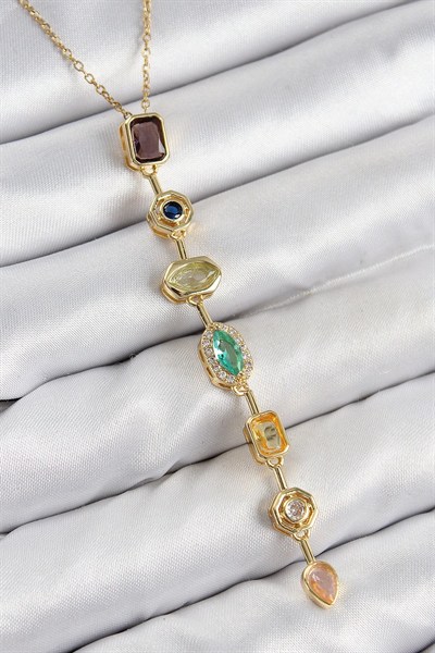 Mey İthalat® Pirinç Renkli Zirkon Taşlı Model Gold Renk 7 Element Kadın Y Kolye