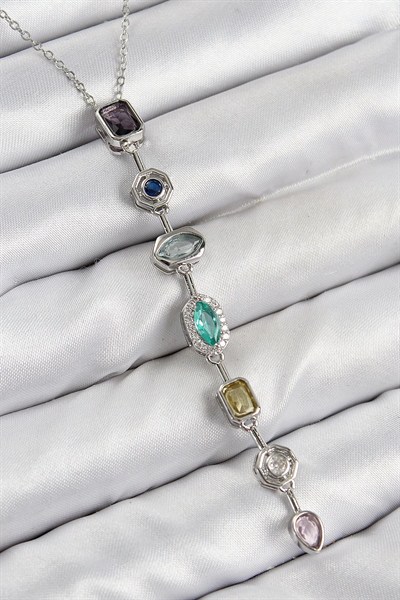 Mey İthalat® Pirinç Renkli Zirkon Taşlı Model Gümüş Renk 7 Element Kadın Y Kolye