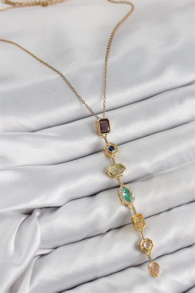 Mey İthalat® Pirinç Renkli Zirkon Taşlı Model Gold Renk 7 Element Kadın Y Kolye