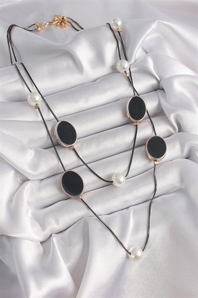 Mey İthalat® Pirinç Siyah Renk Zincir İnci Detaylı Çoklu Kadın Kolye