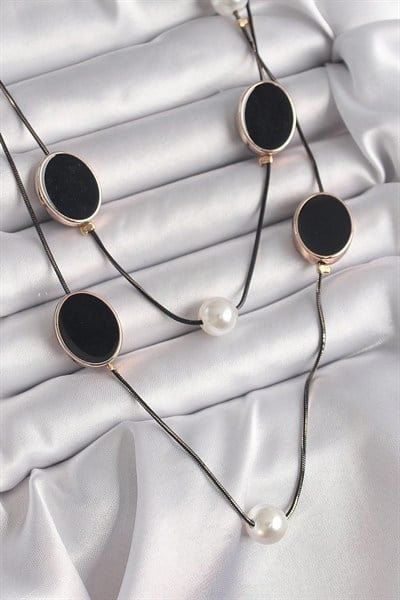 Mey İthalat® Pirinç Siyah Renk Zincir İnci Detaylı Çoklu Kadın Kolye