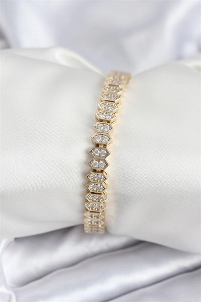 Mey İthalat® Pirinç VIP Seri Gold Renk Zirkon Taşlı Kadın Bileklik