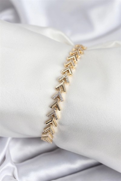 Mey İthalat® Pirinç VIP Seri Gold Zirkon Taşlı Balık Sırtı Model Kadın Bileklik