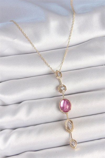 Mey İthalat® Pirinç Zincir Gold Renk Pembe Zirkon Taşlı Y Kolye