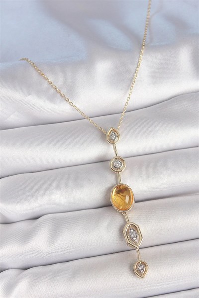 Mey İthalat® Pirinç Zincir Kehribar Sarı Gold Renk  Zirkon Taşlı Y Kolye