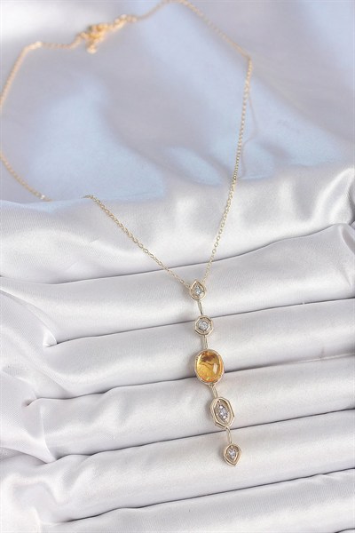 Mey İthalat® Pirinç Zincir Kehribar Sarı Gold Renk  Zirkon Taşlı Y Kolye