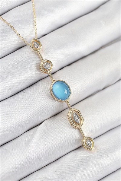 Mey İthalat® Pirinç Zincir Mavi Gold Renk Zirkon Taşlı Y Kolye