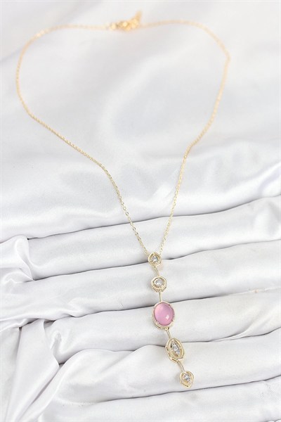 Mey İthalat® Pirinç Zincir Pembe Gold Renk Zirkon Taşlı Y Kolye