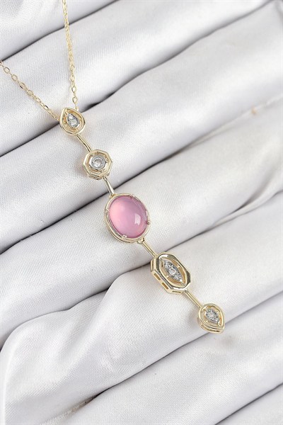 Mey İthalat® Pirinç Zincir Pembe Gold Renk Zirkon Taşlı Y Kolye