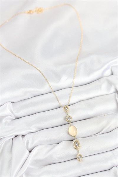 Mey İthalat® Pirinç Zincir Sarı Gold Renk Zirkon Taşlı Y Kolye