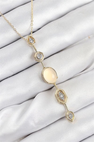 Mey İthalat® Pirinç Zincir Sarı Gold Renk Zirkon Taşlı Y Kolye